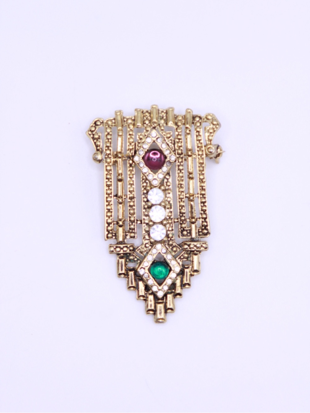 Vintage Art Deco style gold-tone openwork Green & Purple Cabochon Brooch